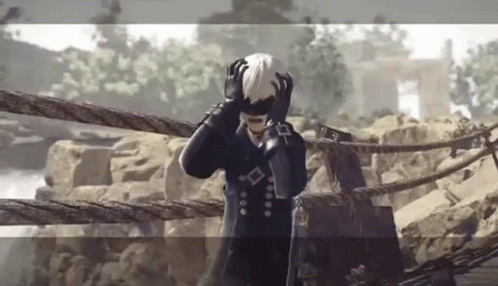 Video Game Character Holding Head on Bridge