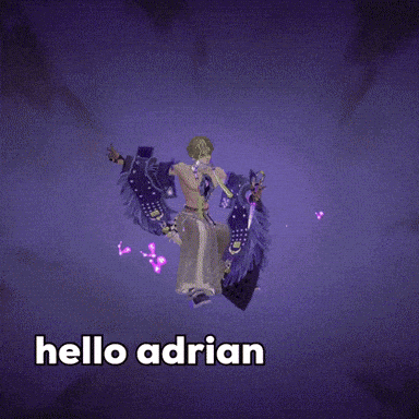 Video Game Character Holding Purple Sword Saying Hello Adrian