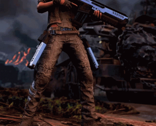 Video Game Character Holding Rifle Saying Hells Range