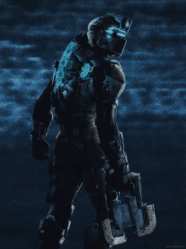 Video Game Character Holding Saw and Helmet