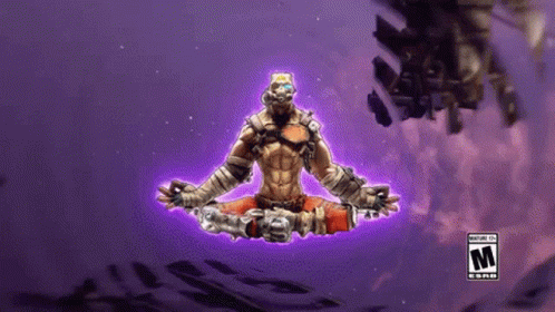 Video Game Character in Lotus Position With Purple Background and Letter M