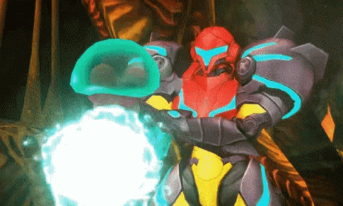 Video Game Character in Red and Yellow Suit Holding Blue Object
