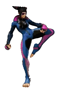 Video Game Character Kicking in Blue and Pink Suit