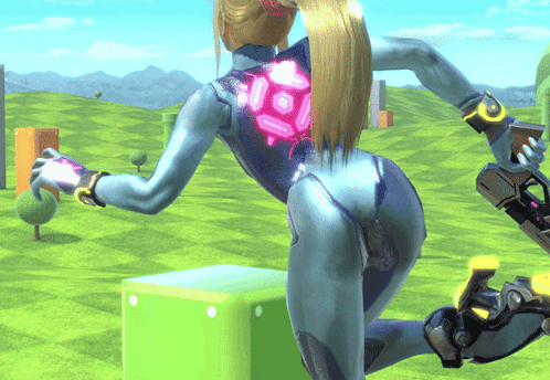 Video Game Character Kneeling on Green Block in Field