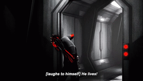 Video Game Character Laughing in Dark Hallway