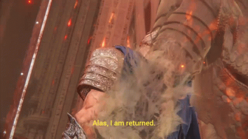 Video Game Character Saying Alas I Am Returned With Sword and Shield