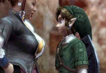 Video Game Character Standing Next to Woman