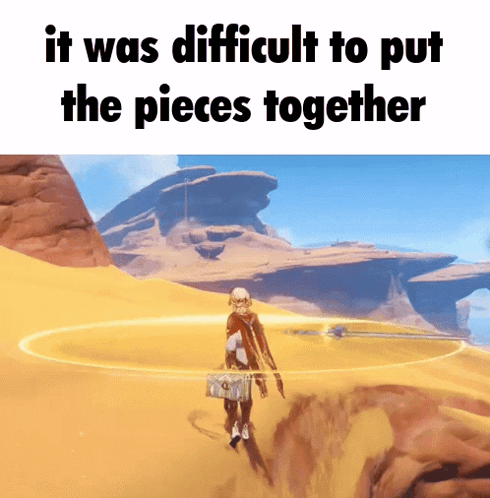 Video Game Character Walking Through Desert It Was Difficult To Put The Pieces Together GIF