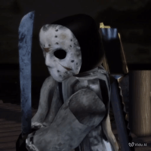 Video Game Character With Jason Voorhees Mask Holding Large Knife