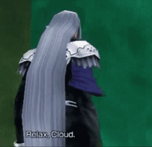 Video Game Character With Long Gray Hair Says Relax Cloud