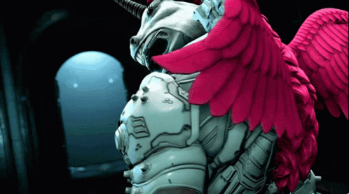 Video Game Character With Pink Wings and Unicorn Helmet