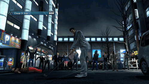 Video Game Man in Front of Cheap 9 Iron Sign
