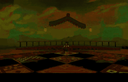 Video Game Scene with Checkered Floor