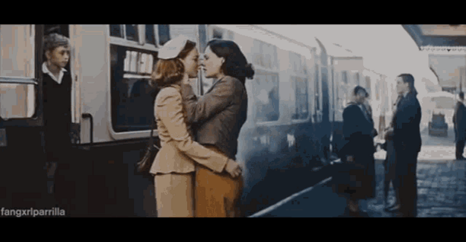 Vintage Lesbians Kissing Beside Train GIF