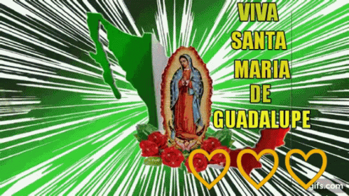 Virgin Mary on Green and White Background With Hearts Viva Santa Maria de Guadalupe