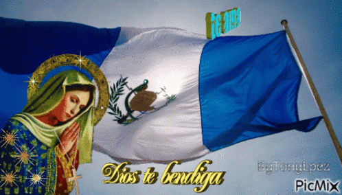 Virgin With Flag Saying Dios Te Bendiga