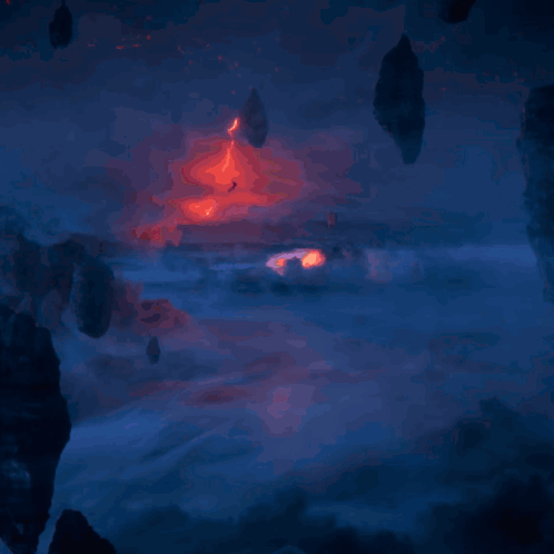 Volcano At Sunset With Floating Islands GIF
