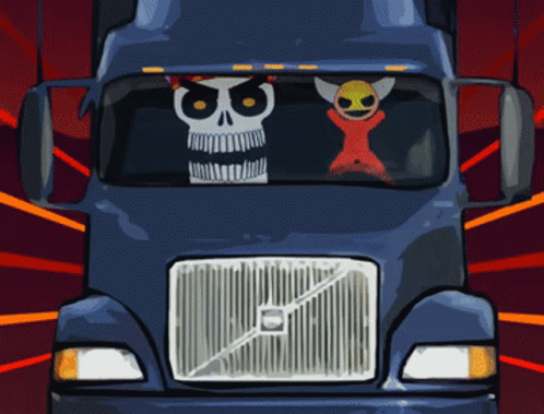 Volvo Truck With Skull And Man In Driver Seat GIF