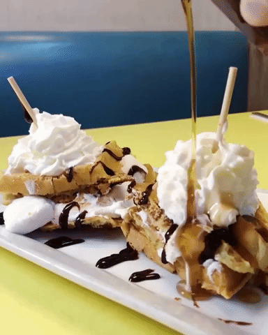 Waffles With Chocolate Syrup Honey And Whipped Cream GIF