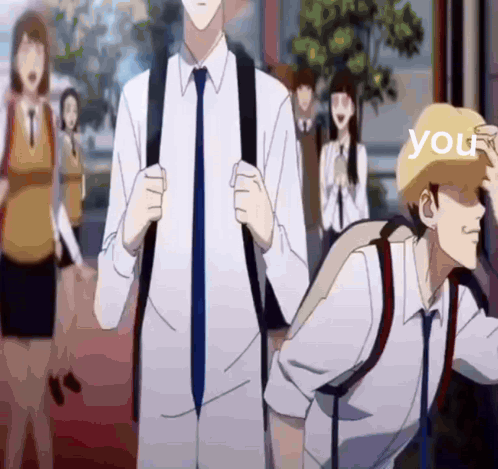 Walking Group With Yellow Hat Saying You GIF