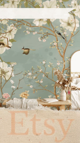 Wall With Flowers and Birds and Etsy