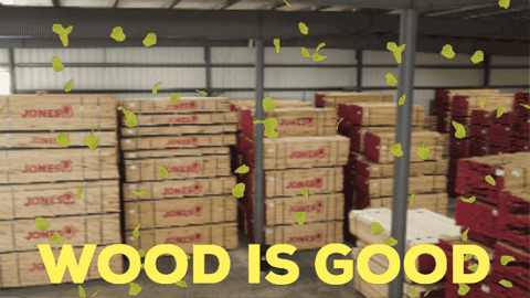Warehouse Full of Boxes Saying Wood Is Good