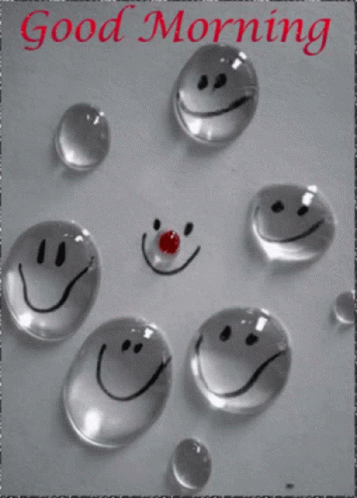 Water Drops With Smiley Faces Drawn On Them And The Words Good Morning In Red GIF