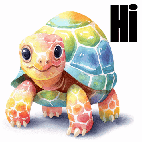 Watercolor Rainbow Turtle Saying Hi