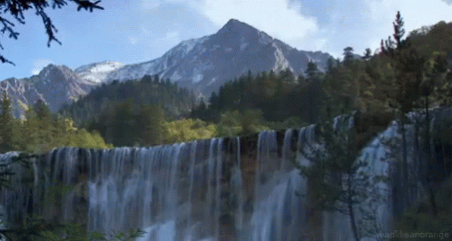 Waterfall in Forest With Mountain and Readthearange