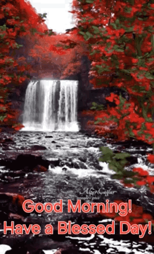 Waterfall In Forest With Red Leaves And Good Morning GIF