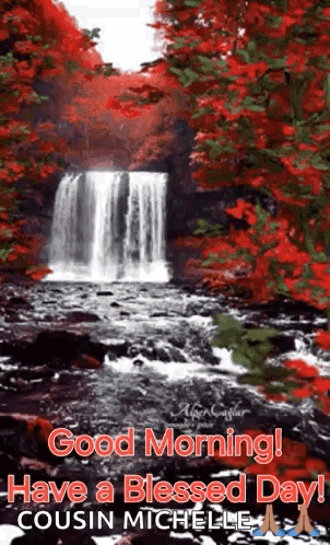 Waterfall In Forest With Red Leaves GIF