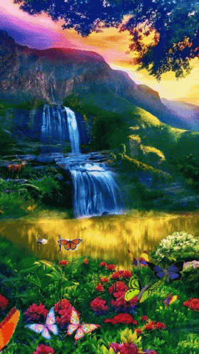 Waterfall Surrounded by Flowers and Butterflies at Sunset