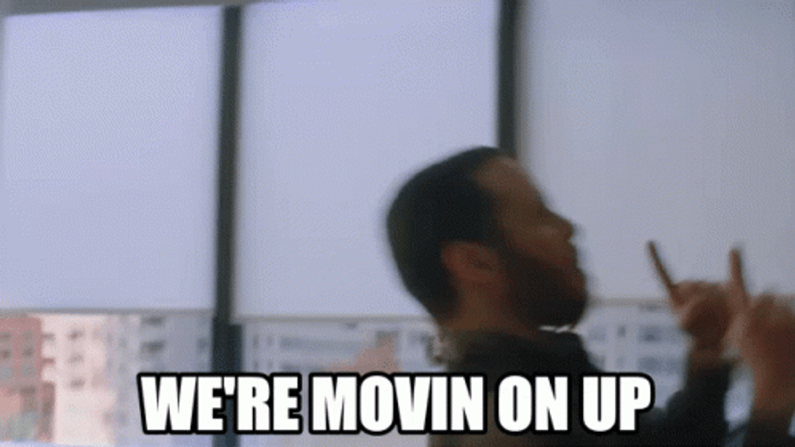 We're Moving On Up Andrew Garfield Jumping Sideways GIF
