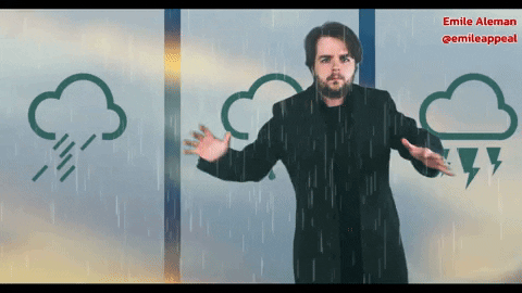 Weatherman Covering Head Raining Inside Studio GIF