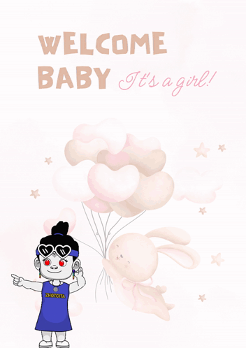Welcome Baby It's a Girl Greeting Card With Balloons