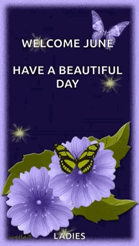 Welcome June Ladies Purple Flowers Butterflies GIF