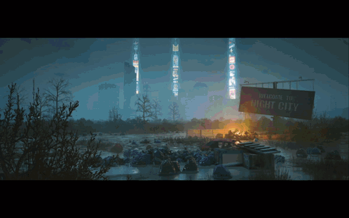Welcome to Night City Sign Over Swamp
