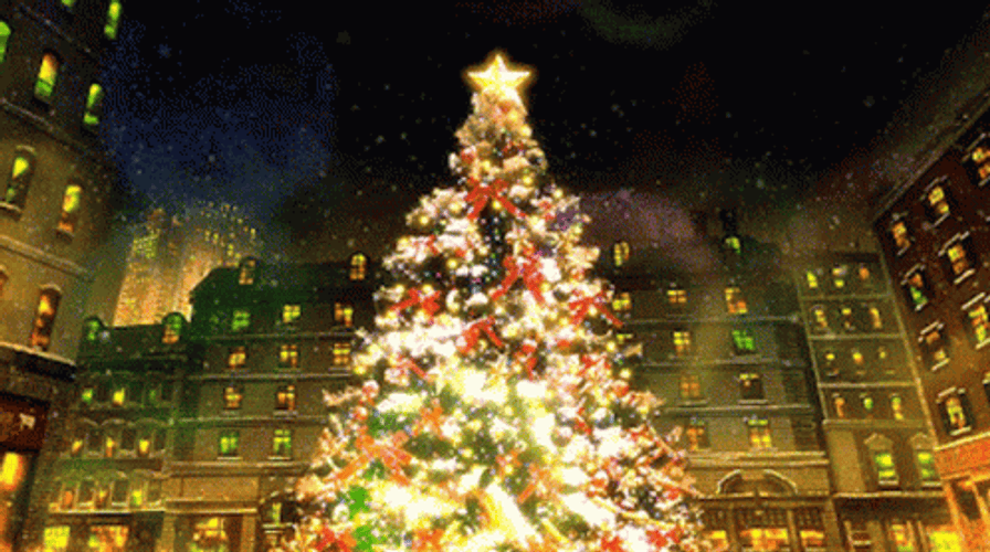 Well Lit Christmas Tree Anime Snowfall GIF