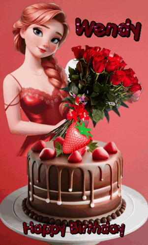 Wendy Holding Bouquet of Roses Next to Cake