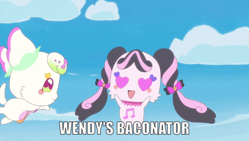 Wendy's Baconator on Blue Background With Cartoon Characters