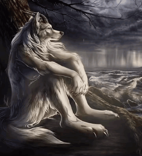 Werewolf Sitting On Rock By Water GIF