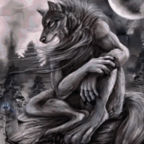 Werewolf Sitting on Tree Stump in Forest at Night