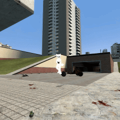 White Bear Standing In Front Of Brick Building GIF