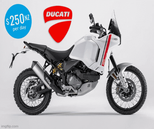 White BMW Motorcycle With Blue Circle Saying $210nz Per Day