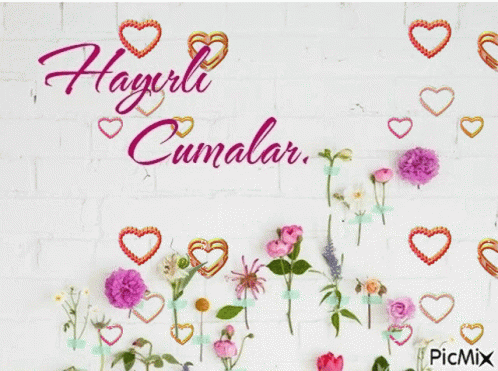 White Brick Wall With Flowers And Hearts Hayırlı Cumalar GIF