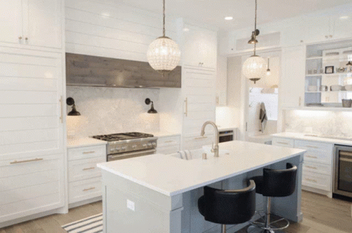 White Cabinets Black Chairs Large Island Kitchen