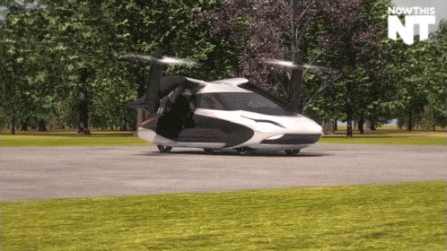 White Car With Rotor Blades Flying GIF