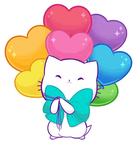 White Cat Holding Colorful Heart Balloons