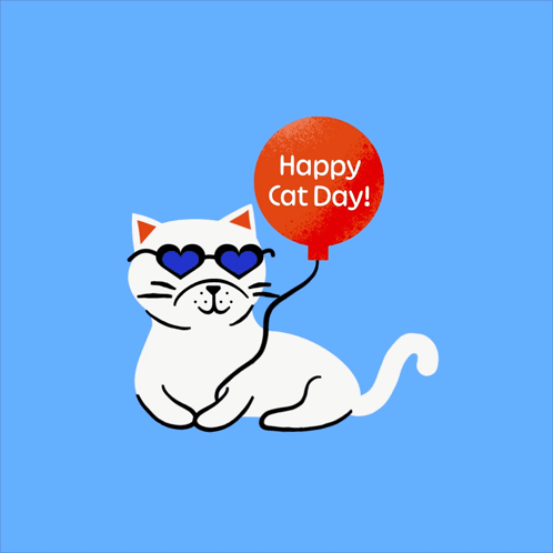 White Cat Holding Happy Cat Day Balloon GIF