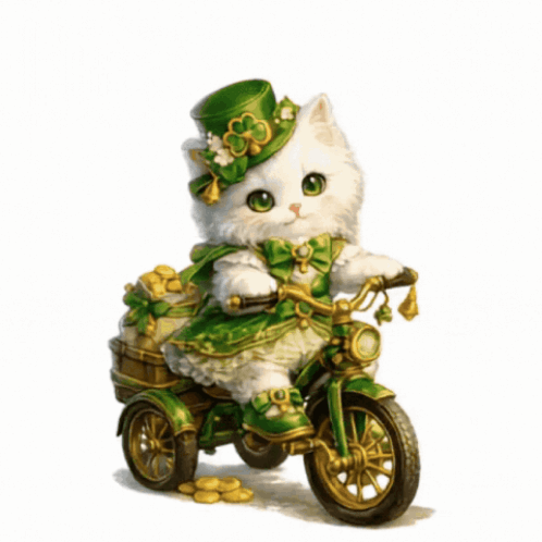 White Cat In Green Hat Riding Green Bicycle GIF